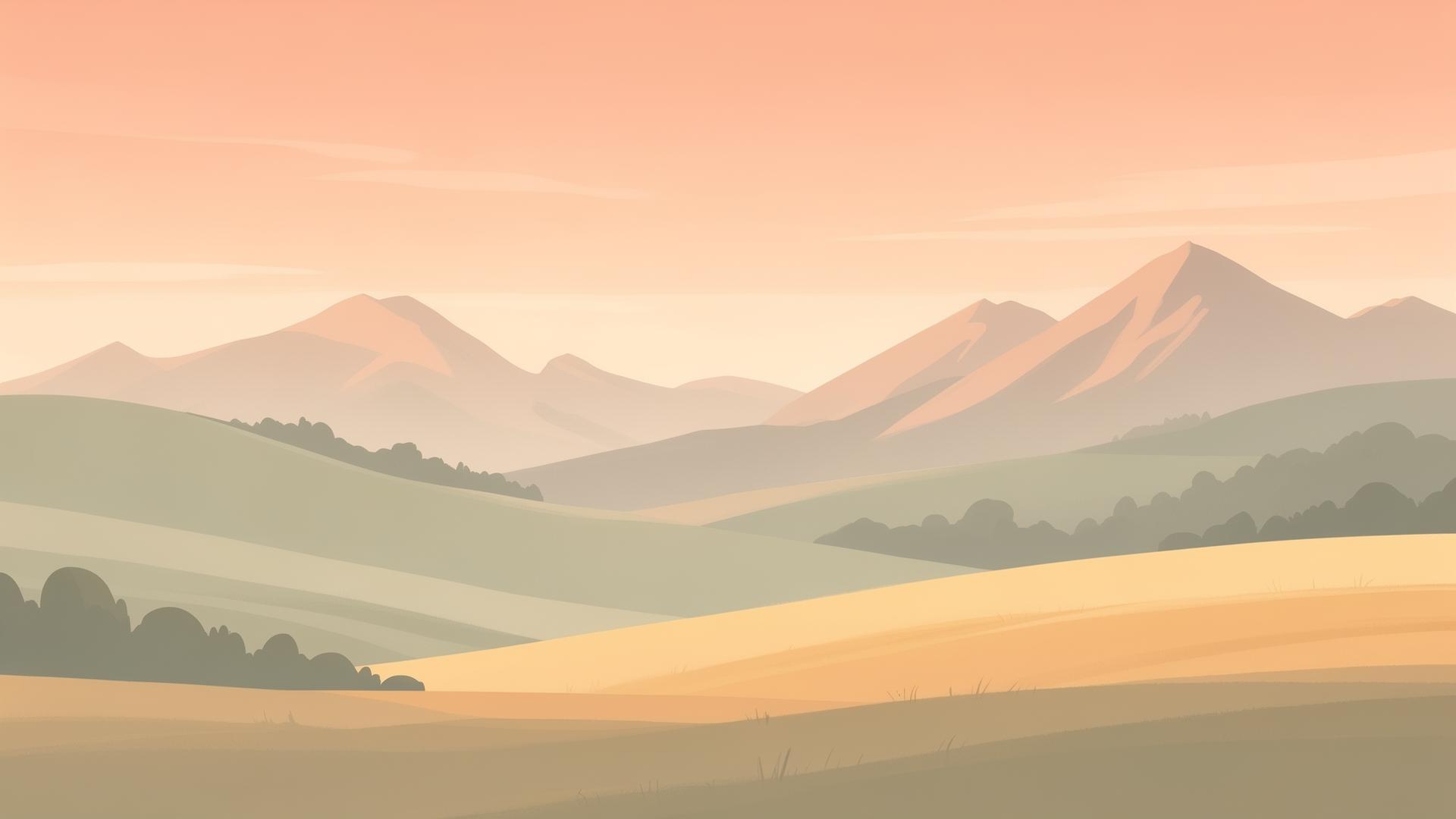 Scandinavian landscape illustration with rolling fields, lake reflection, hills, and soft clouds